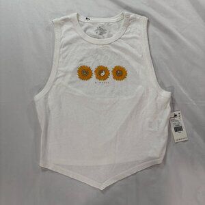 O'Neill Women’s Size M White Sleeveless Open Back Tank Top Sunflower Ying Yang